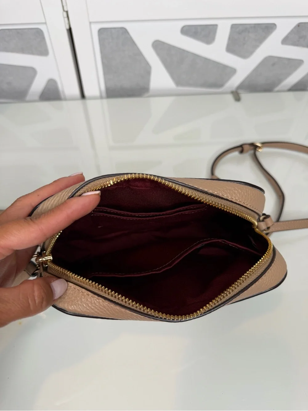 Coach Taupe Crossbody Bag with Burgundy Interior